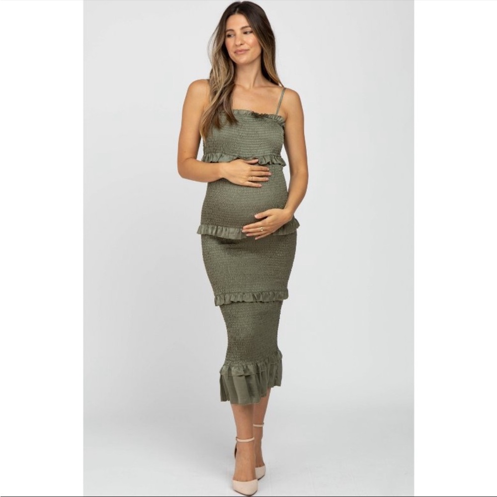 PinkBlush Mable Olive Green Smocked Ruffle Fitted Midi Dress